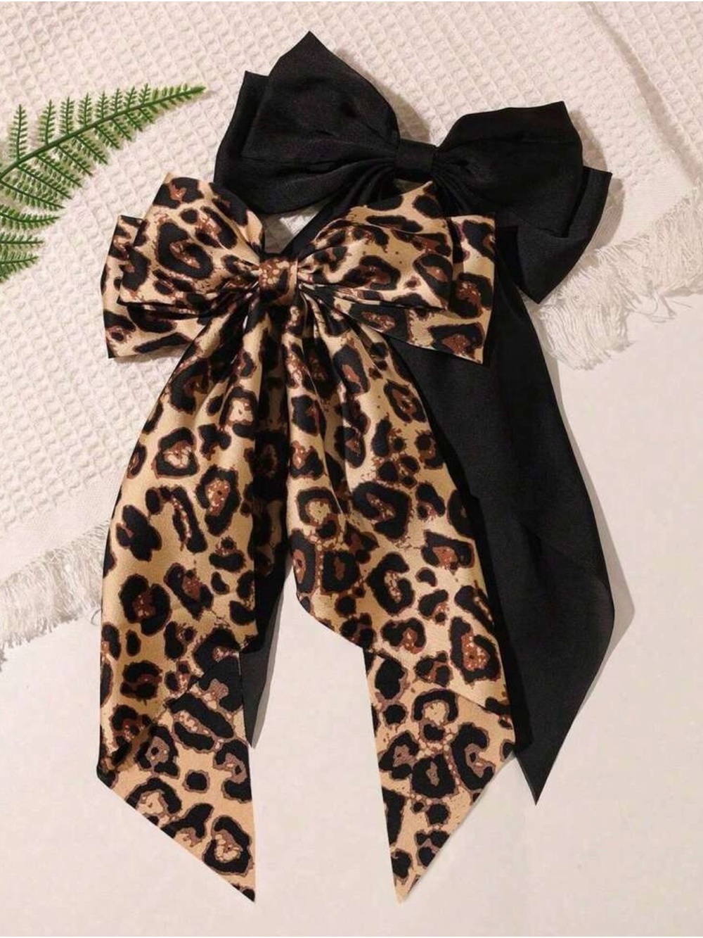 Leopard Print & Black Satin Bow Hair Clip - Women Accessories